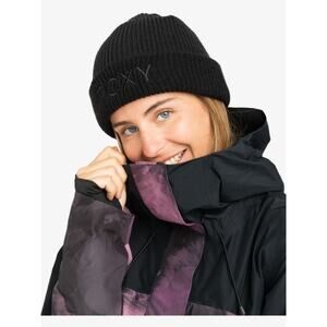 Roxy Women's Black Freja Beanie Hat Ribbed Knit Folded Fit Casual Winter L25-3